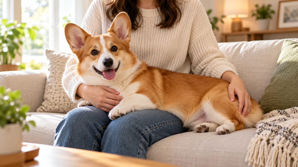 Corgi köpek — sahibinin kucağında