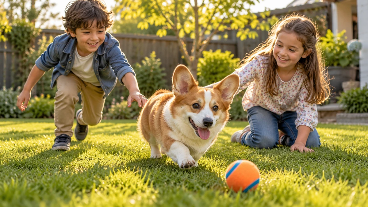 Corgi köpek — çocuklarla oyun