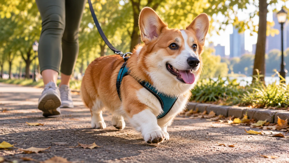 Corgi köpek — parkta yürüyüş ve egzersiz